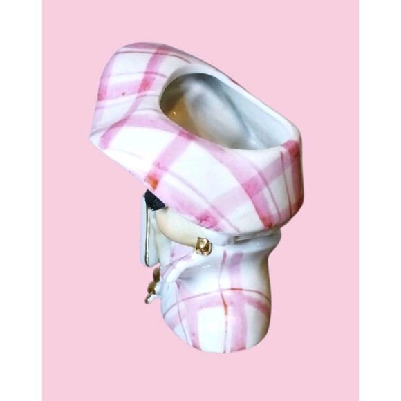 Vtg Napco Lady Head Vase Planter Pink Plaid Gold Flower & Earrings NO UMBRELLA - Picture 4 of 6
